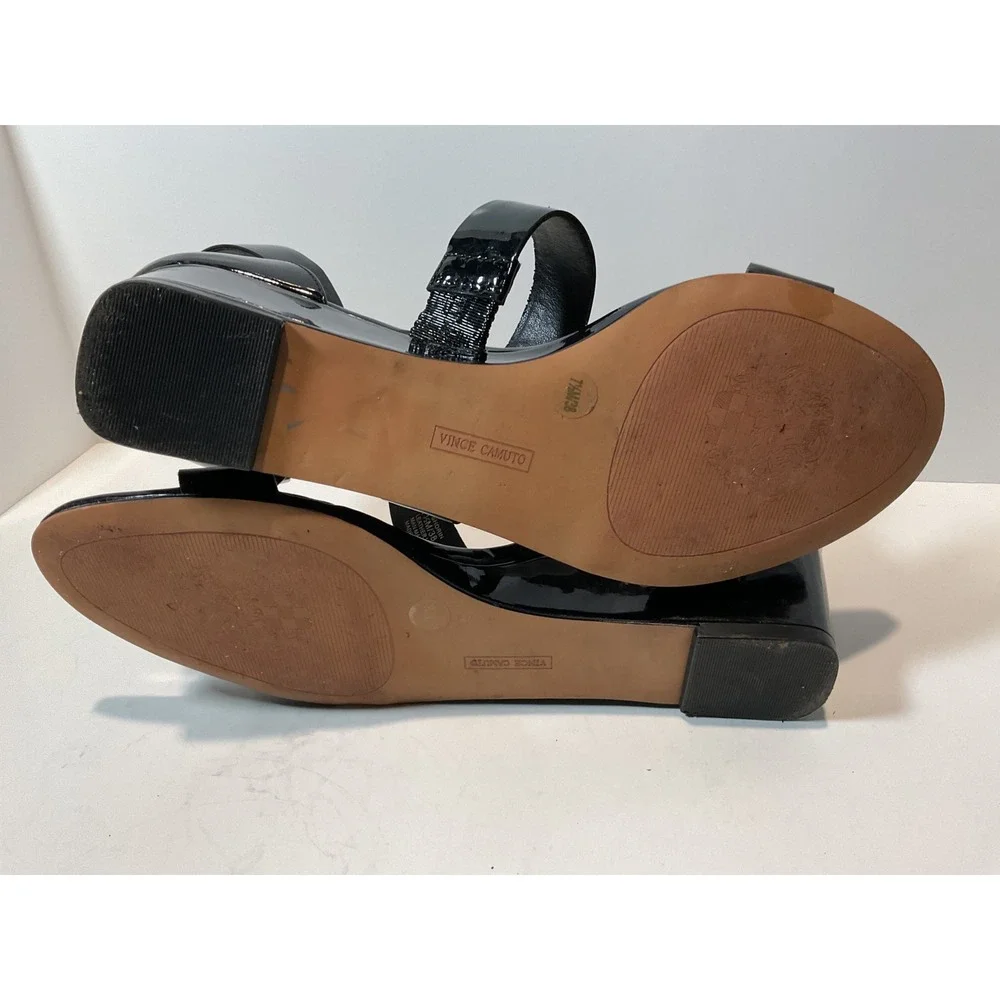 Vince Camuto Black Patent Leather Wedge Sandals Ankle Strap Sz‎ 7.5M